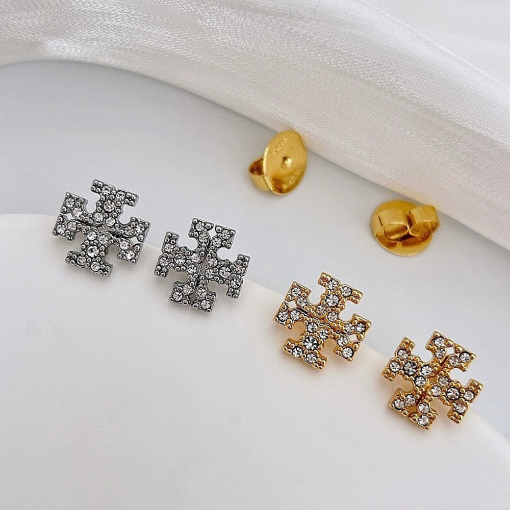 Tory Burch Double Letter Zircon Earrings Gold Silver